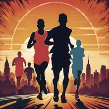 Vintage wallpaper of city marathon runners in a mixed group of men and women, AI generated