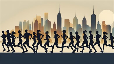 Vintage wallpaper of city marathon runners in a mixed group of men and women, AI generated