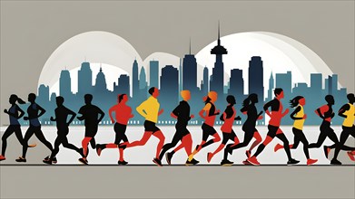 Vintage wallpaper of city marathon runners in a mixed group of men and women, AI generated