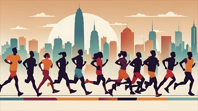 Vintage wallpaper of city marathon runners in a mixed group of men and women, AI generated