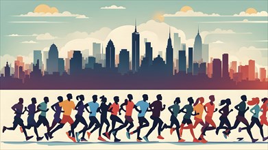 Vintage wallpaper of city marathon runners in a mixed group of men and women, AI generated