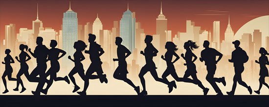 Vintage wallpaper of city marathon runners in a mixed group of men and women, AI generated