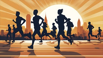 Vintage wallpaper of city marathon runners in a mixed group of men and women, AI generated