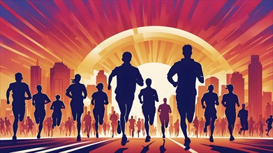 Vintage wallpaper of city marathon runners in a mixed group of men and women, AI generated