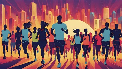 Vintage wallpaper of city marathon runners in a mixed group of men and women, AI generated