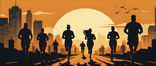 Vintage wallpaper of city marathon runners in a mixed group of men and women, AI generated