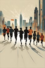 Vintage wallpaper of city marathon runners in a mixed group of men and women, AI generated