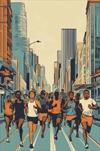 Vintage wallpaper of city marathon runners in a mixed group of men and women, AI generated