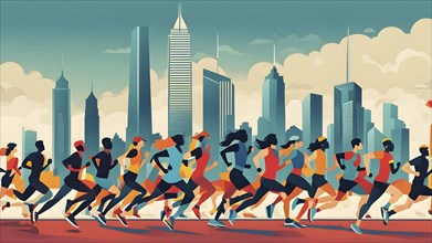 Vintage wallpaper of city marathon runners in a mixed group of men and women, AI generated