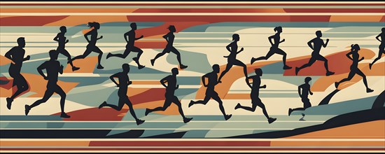 Vintage wallpaper of city marathon runners in a mixed group of men and women, AI generated