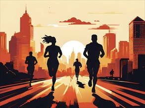 Vintage wallpaper of city marathon runners in a mixed group of men and women, AI generated