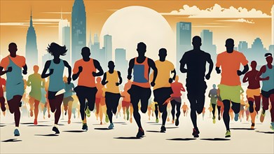 Vintage wallpaper of city marathon runners in a mixed group of men and women, AI generated