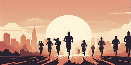 Vintage wallpaper of city marathon runners in a mixed group of men and women, AI generated