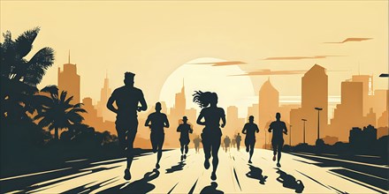 Vintage wallpaper of city marathon runners in a mixed group of men and women, AI generated