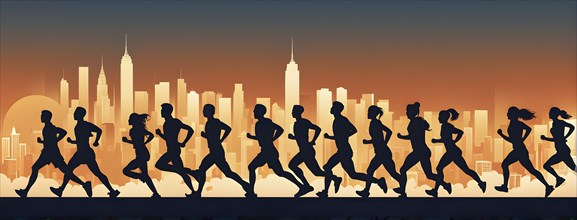 Vintage wallpaper of city marathon runners in a mixed group of men and women, AI generated