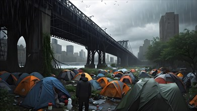 Homeless individuals huddled together in a makeshift tent city, AI generated