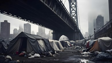 Homeless individuals huddled together in a makeshift tent city, AI generated