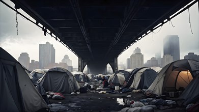 Homeless individuals huddled together in a makeshift tent city, AI generated