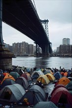 Homeless individuals huddled together in a makeshift tent city, AI generated