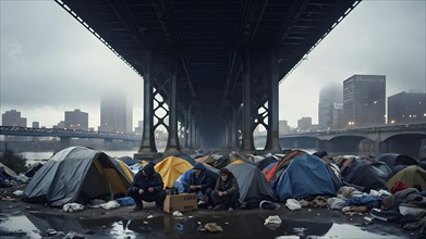 Homeless individuals huddled together in a makeshift tent city, AI generated