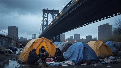 Homeless individuals huddled together in a makeshift tent city, AI generated