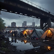 Homeless individuals huddled together in a makeshift tent city, AI generated