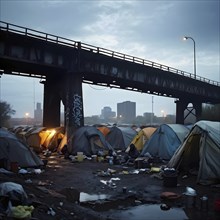 Homeless individuals huddled together in a makeshift tent city, AI generated