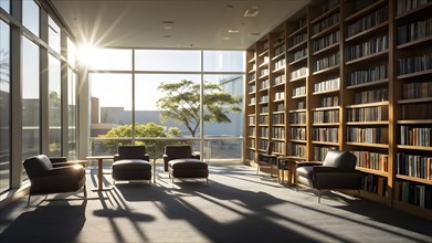 Sunlight bathing an empty modern library with rows of sleek bookshelves, AI generated