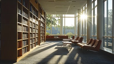 Sunlight bathing an empty modern library with rows of sleek bookshelves, AI generated