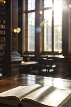 Sunlight bathing an empty modern library with rows of sleek bookshelves, AI generated