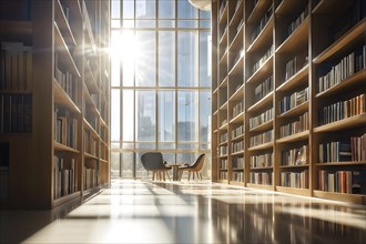 Sunlight bathing an empty modern library with rows of sleek bookshelves, AI generated