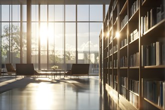 Sunlight bathing an empty modern library with rows of sleek bookshelves, AI generated