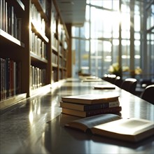 Sunlight bathing an empty modern library with rows of sleek bookshelves, AI generated