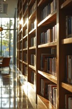 Sunlight bathing an empty modern library with rows of sleek bookshelves, AI generated