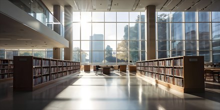 Sunlight bathing an empty modern library with rows of sleek bookshelves, AI generated