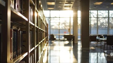 Sunlight bathing an empty modern library with rows of sleek bookshelves, AI generated