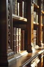 Sunlight bathing an empty modern library with rows of sleek bookshelves, AI generated