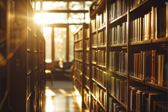 Sunlight bathing an empty modern library with rows of sleek bookshelves, AI generated