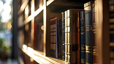 Sunlight bathing an empty modern library with rows of sleek bookshelves, AI generated