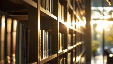 Sunlight bathing an empty modern library with rows of sleek bookshelves, AI generated