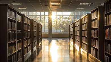 Sunlight bathing an empty modern library with rows of sleek bookshelves, AI generated