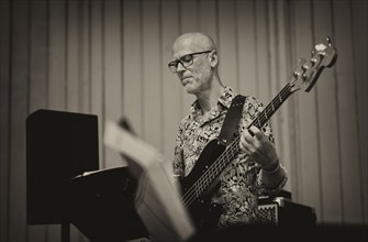 Bass player Jörg Gottwald of the jazz band LoT Late on Tuesday, black and white, vintage,