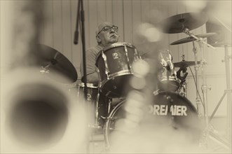 Drummer, Drummer Peter Wagner of the jazz band LoT Late on Tuesday, cigarette, black and white,