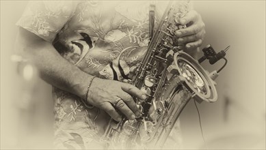 Close-up, saxophonist Ulrich Schneider of the jazz band LoT Late on Tuesday, black and white,