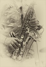 Close-up, saxophonist Ulrich Schneider of the jazz band LoT Late on Tuesday, black and white,