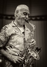 Saxophonist Ulrich Schneider of the jazz band LoT Late on Tuesday, black and white, vintage,