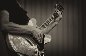 Guitarist Niels Ruthardt of the jazz band LoT Late on Tuesday, black and white, vintage, Stuttgart,