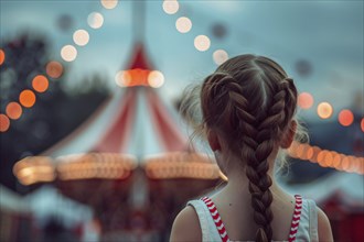 Young girl child looking at circus tent. Generative Ai, AI generated