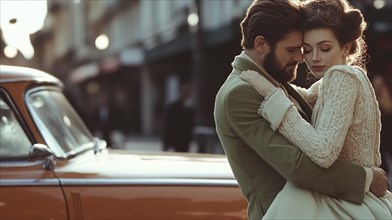 Emotional embrace between a couple in vintage clothing beside an orange car, AI generated