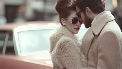 Romantic couple embrace in stylish vintage clothing in front of a car, AI generated